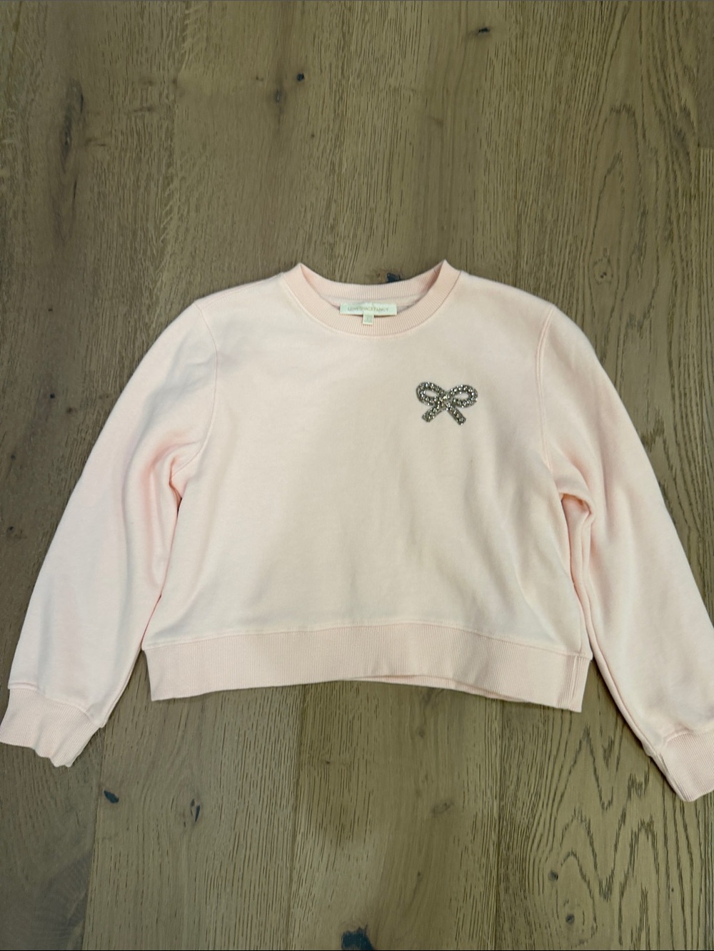 LoveShackFancy Pale Pink Girls' Crewneck Sweatshirt with Crystal Bow